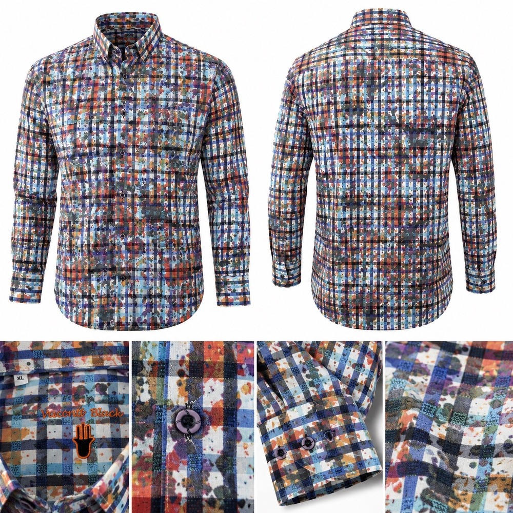 Visconti Black Men XL Abstract Plaid Button Up Shirt Cotton Modal Artwear Modern